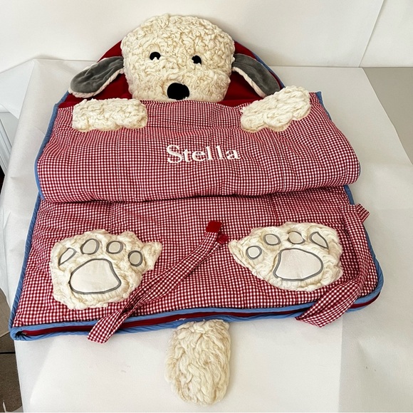 Pottery Barn Kids Other - Pottery Barn Kids Red White Blue Gingham Sleeping Bag Shaggy Dog Pup Checkers